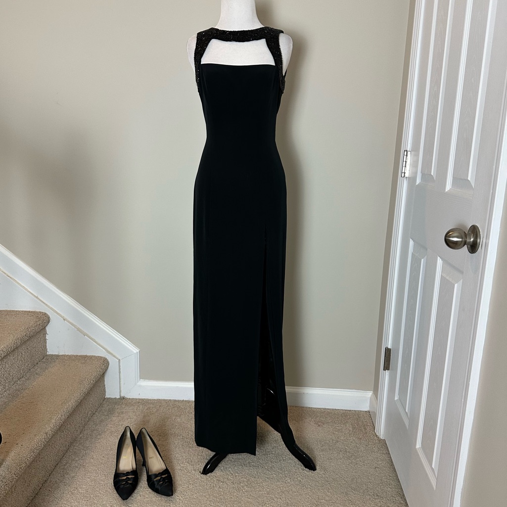 Designer Oleg Cassini Black Evening Gown With Beaded Neckline Details. Sz4